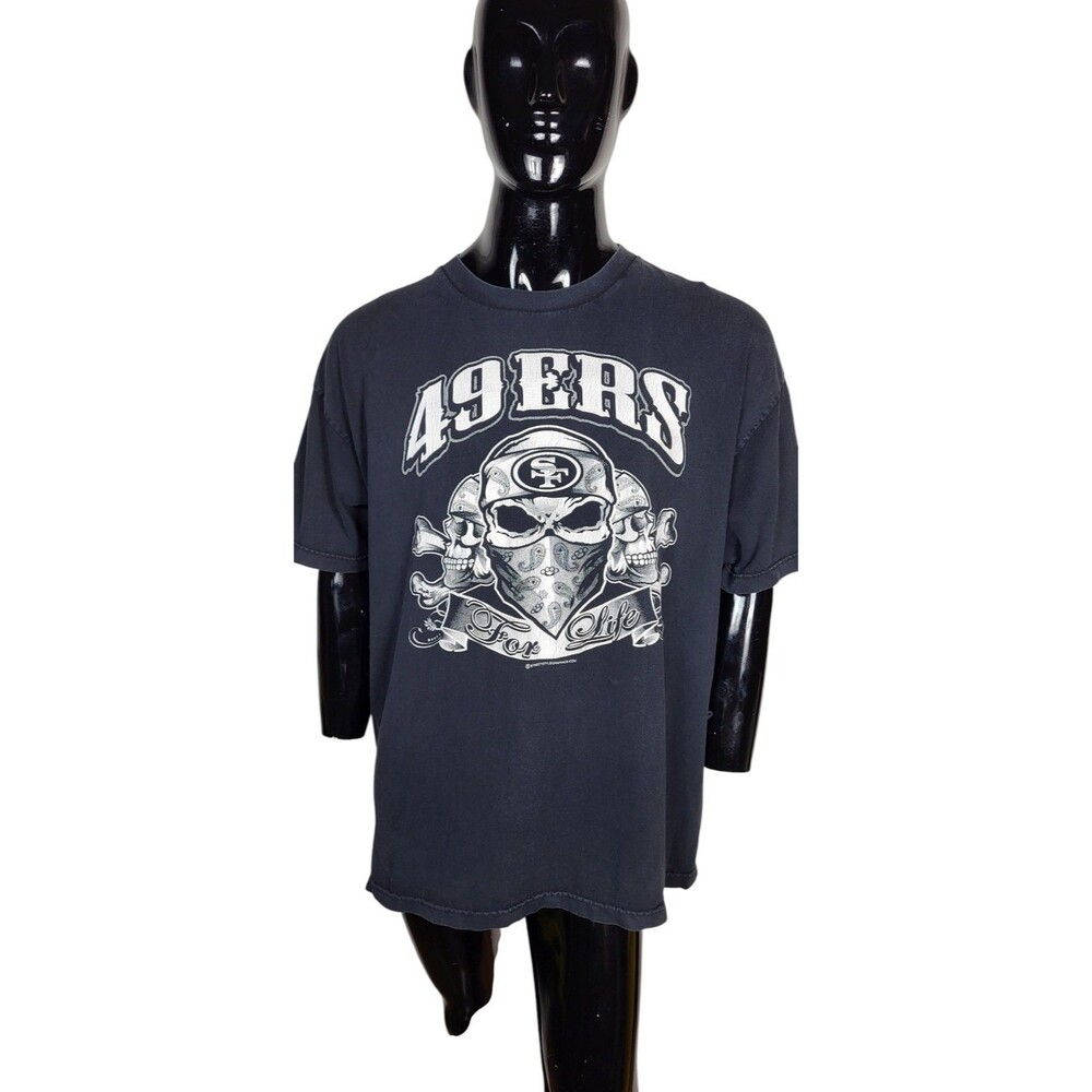VTG 90s San Franscisco 49ERS FOR LIFE Black Bandana Skulls Gangster Graphic Tee